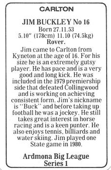 1981 Ardmona Big League Series 1 Carlton Blues (VFL) #NNO Jim Buckley Back